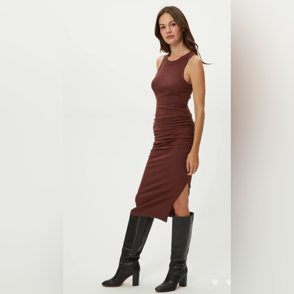 NEW MICHAEL STARS Size L Wren Ribbed Midi Dress CHOCOLATE BROWN RUCHED